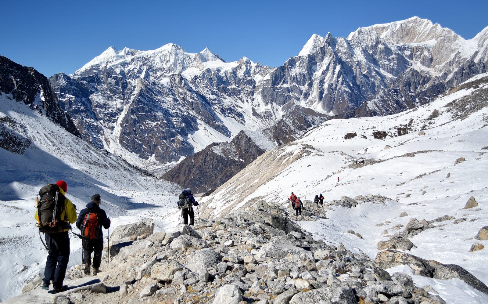 Trekkers crossing the snowfields below the Larkya La Pass at 5,130m